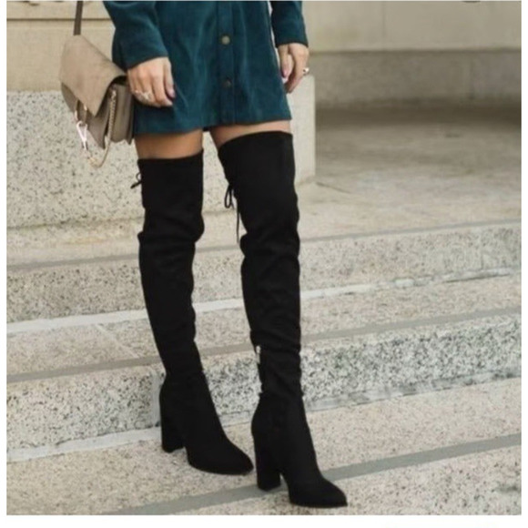 Marc Fisher Tall Over the Knee Boot Black Suede US 10 Heeled Pointy Toe Tie Back - Picture 1 of 10